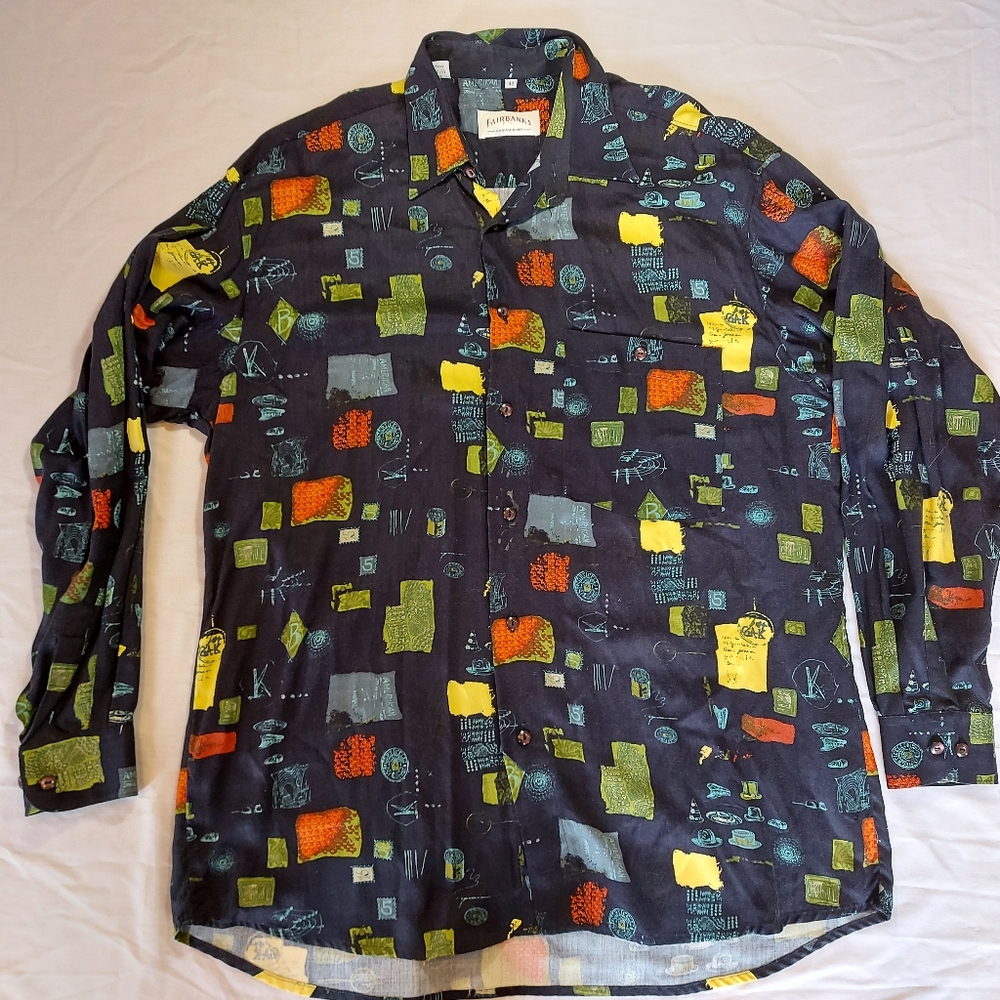 Fairbanks Vintage Casual Black Long Sleeve Shirt Abstract Amerikan Pattern, 42